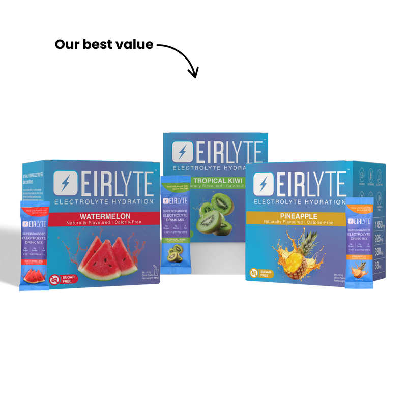 EirLyte electrolyte powder boxes in Kiwi, Watermelon and Pineapple flavors
